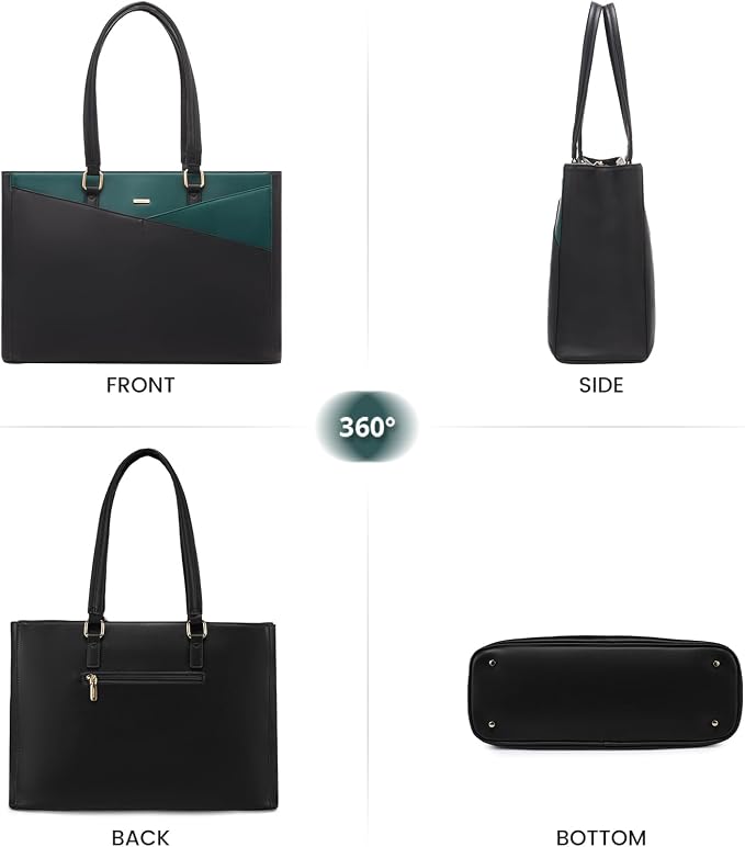 LOVEVOOK Laptop Bag for Women 15.6 Inch Tote Bags Waterproof Leather Briefcase Computer Women Business Office Work Bag,Black/Green