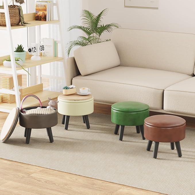 Small Foot Stool Ottoman with Storage, Faux Leather Ottoman Foot Rest for Couch, Round Footstool Ottomans for Living Room (White)