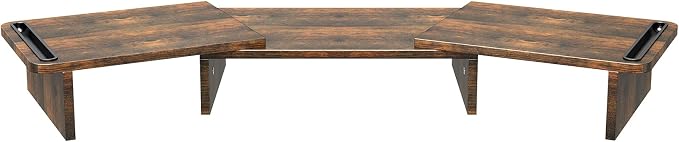 Dual Monitor Stand Riser, Laptop Computer Riser Adjustable Length and Angle, Desktop Wooden Stand 2 Tiers with Storage Organizer for Home Office(Brown)