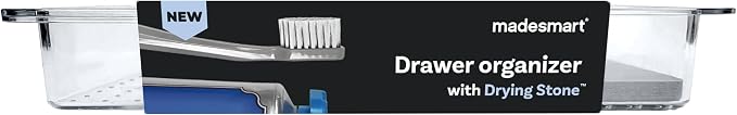 madesmart Dental Tray Drawer Organizer with Drying Stone, Clear Plastic Organizer for Toothbrush, Dental Floss, Water Flosser, Mouthwash