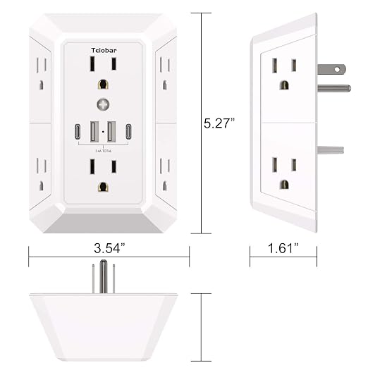 Multi Plug Wall Outlet Surge Protector - Teiobar Outlet Extender with 6 Outlets and 4 USB Ports(2 USB-C), Outlet Splitter for Home Office Dorm Room Essentials, ETL, White
