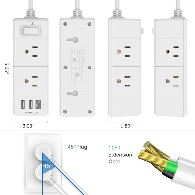 10Ft Extension Cord Flat Plug Power Strip - Tcstei 3-Side Outlet Extender with 6 AC Outlets and 3 USB Ports (1 USB C), Compact for Home, Office, Dorm Room Essentials, White