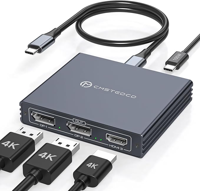 USB C to HDMI + Displayport Splitter 3 Monitors with 100W PD Charging Thunderbolt to HDMI DP Splitter 1 in 3 Out Multiple Monitors Extended Display Hub for Converter Compatible with Laptop, PC