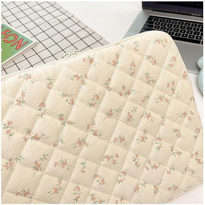 Puffy Laptop Sleeve 13-15.6 Inch Corduroy Quilted Laptop Protective Case Cute Floral Computer Sleeve Protective for MacBook (B-Pink, 11 Inch)