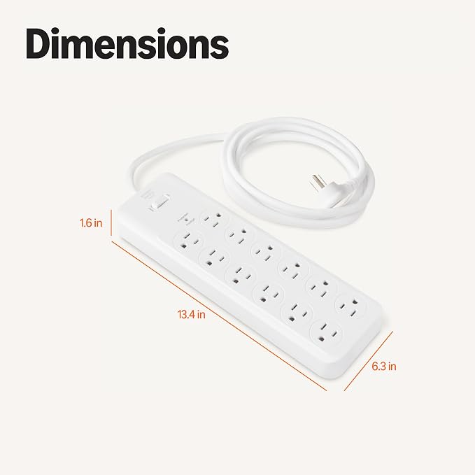 Amazon Basics 12-Outlet Surge Protector Power Strip, 4000 Joules, 8ft Extension Cord, Rectangle, for Home, Office, Gaming Room, White