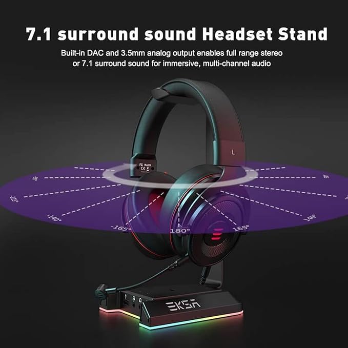 EKSA RGB Headset Stand, Headphone Stands with 7.1 Surround Sound & USB/3.5mm Port, Desk Gaming Headsets Holder with Aluminum Alloy Rod & Non-Slip Rubber Pad, Suitable for Most Gamer Desktop Earphones