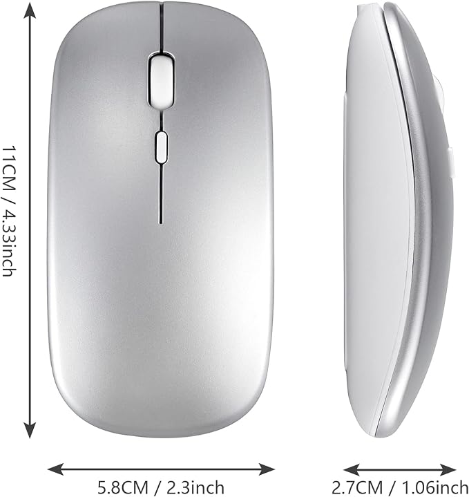 Wireless Bluetooth Mouse for Apple iPad iPhone MacBook Android Samsung Tablet Phone Dual-Mode Rechargeable 2.4G Portable Computer Mice for Windows Laptop Notebook PC Mac Desktop USB Receiver (Silver)