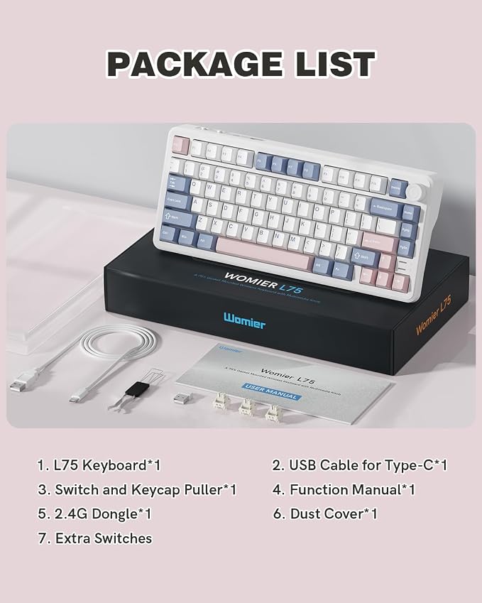 L75 75% Mechanical Keyboard, Wireless Gaming Keyboard with Multifunction Knob, Creamy Gasket Structure, Hot Swap, RGB Backlight, PBT Keycap, Custom Driver, Compact Layout for Win/Mac/PC