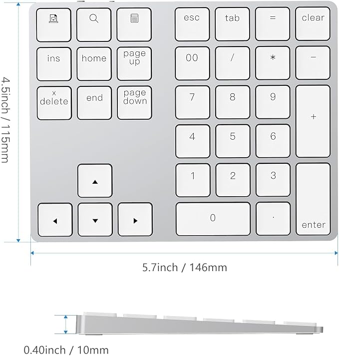 Lekvey Bluetooth Number Pad, Aluminum Rechargeable Wireless Numeric Keypad Slim 34-Keys External Numpad Keyboard Data Entry for Laptop, MacBook, MacBook Air/Pro, iMac, Windows, Surface Pro - Silver
