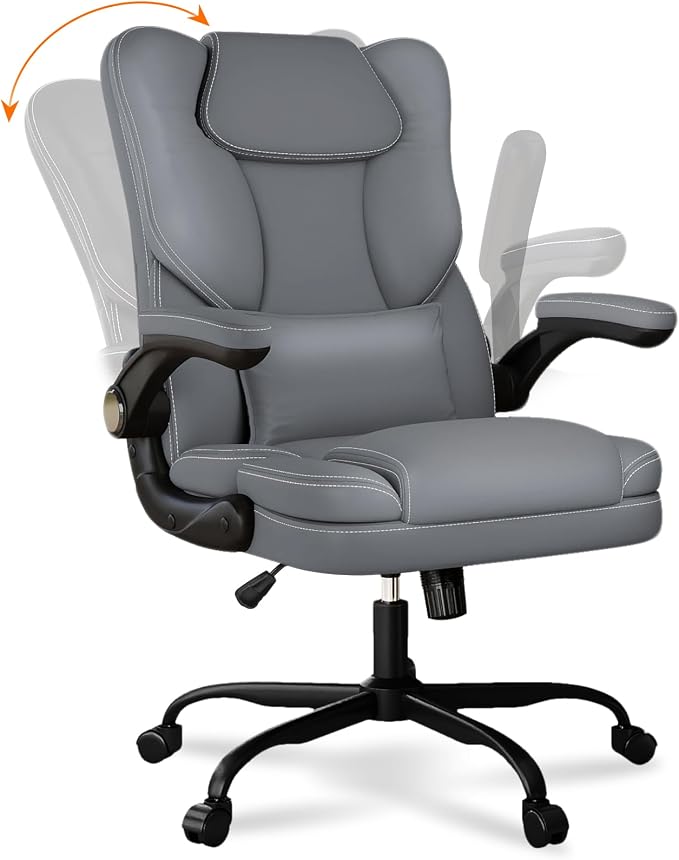 Ergonomic Office Chair with Flip-up Armrests, 300lbs Mid Back Computer Office Desk Chair with Lumbar Support, Executive Leather Chair with Rocking Function Adjustable Height for Home Office
