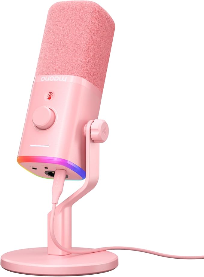 MAONO USB/XLR Podcasting Microphone for PC, Gaming Streaming Dynamic Mic with Mute Button, RGB, Desktop Stand,Computer Mic for Video Studio Recording-PD100X,Pink