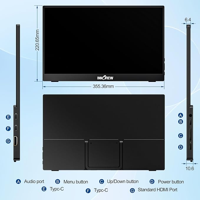 InnoView Portable Monitor 15.6" 1080P for Laptop with Protective Sleeve, Built-in 90° Adjustable Stand USB C HDMI Ultra-Slim Portable Laptop Monitor for MacBook Phone PS Xbox Switch