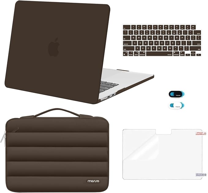 MOSISO Compatible with MacBook Air 15 inch Case M5 2026 M4 2025 M3 2024 M2 2023 A3448 A3241 A3114 A2941, Plastic Hard Shell Case&Puffy Sleeve Bag&Keyboard Skin&Webcam Cover&Screen Film, Beige Brown
