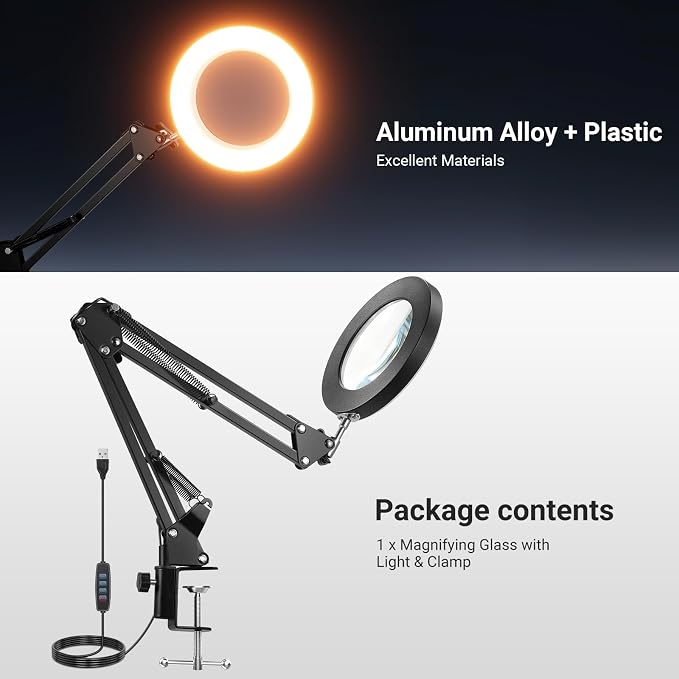 NEEWER Entry Level Version 10X Magnifying Glass with Light & Clamp Stand, 6.3" Bi Color Dimmable Magnifier Lamp LED Ring Light CRI80+ for Desk Crafting Reading Close up Work, N19