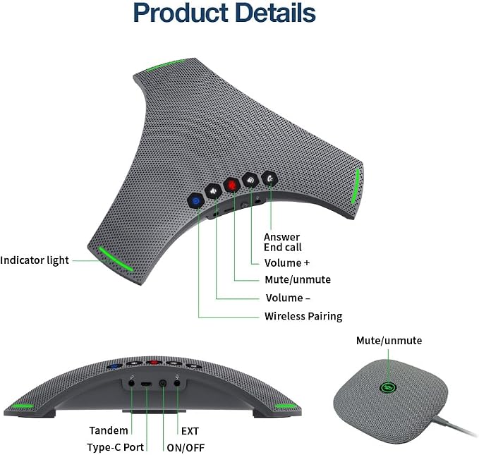 Conference Speaker and Microphone, Bluetooth/USB/Dongle Speakerphone w/ 3+1 Mics, 360° Enhanced Voice Pickup, Noise Reduce, Daisy Chain Compatibility for Large and All Conference Rooms