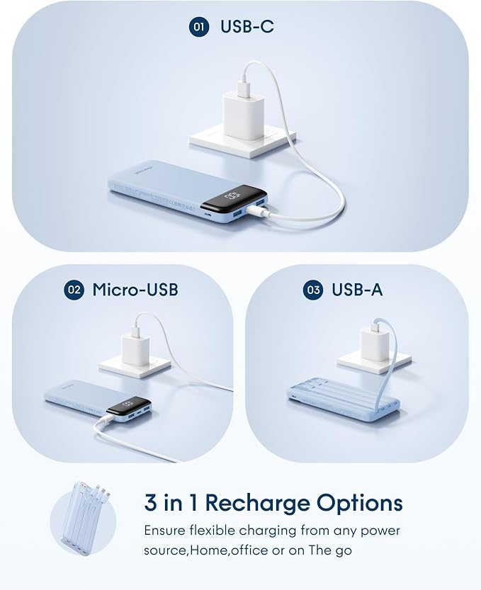 charmast 10000mAh Portable Charger with Built-in Cables, 6 Outputs & 3 Inputs Power Bank, Compact Travel Essential Battery Pack for iPhone 16/15, Samsung S25/S24, Google Pixel, iPad, AirPods & More