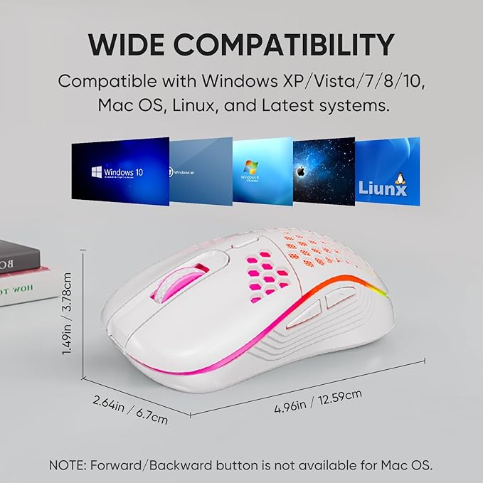 MELOGAGA Wireless Gaming Mouse Honeycomb 2.4G USB Cordless Mouse RGB Rechargeable PC Game Mice with 7-Color LED Lights,4 Adjustable DPI for Windows Laptop Desktop Computers -White