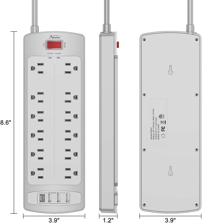 Power Strip, ALESTOR Surge Protector with 12 Outlets and 4 USB Ports, 10 Feet Extension Cord (1875W/15A), 2700 Joules, ETL Listed, Grey