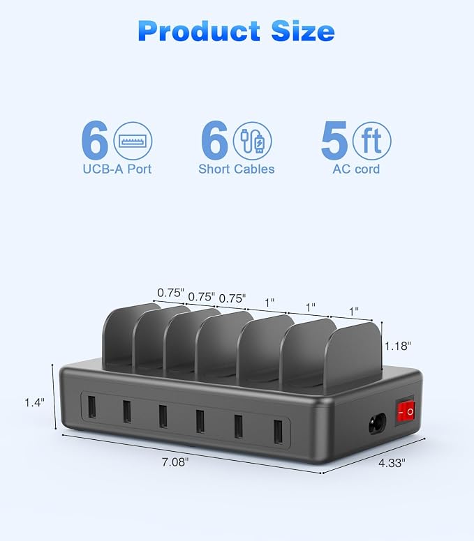 CREATIVE DESIGN 50W Charging Station for Multiple Devices,6 Port Multiple USB Charger Station with 6 Cables Compatible with iPhone,iPad Kindle Tablet and Other Electronic(Space Gray