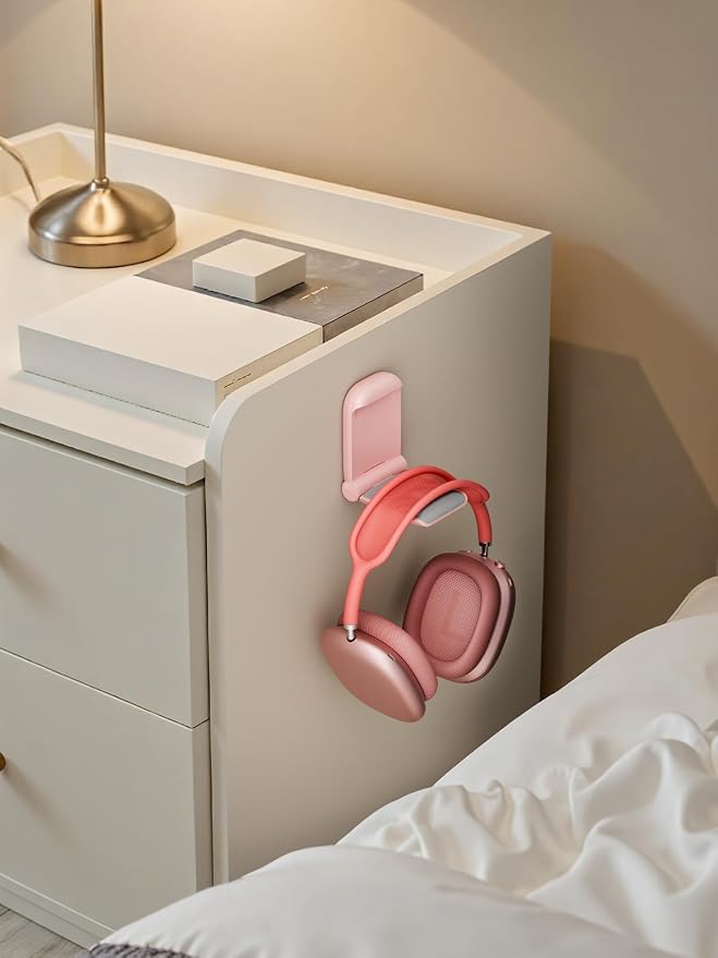 MAMUVIMO Headphone Stand, 2 Pack Headset Stand Foldable&Sticky, Headphone Holder Hook Mount with Non-Slip Silicone, Adhesive Earphone Desk Hanger Clip Space-Saving for Airpods Max, All Earphones-Pink