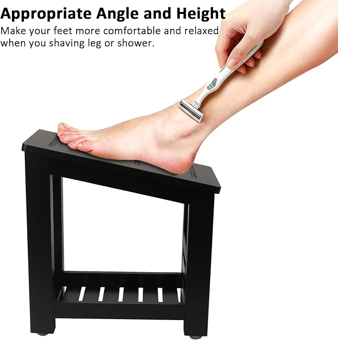 Bamboo Shower Foot Rest Stool for Shaving Legs & Pedicure, Non-Slip Bathroom Foot Step with Storage Pocket, Solid & Water-Resistant,Natural (Black)