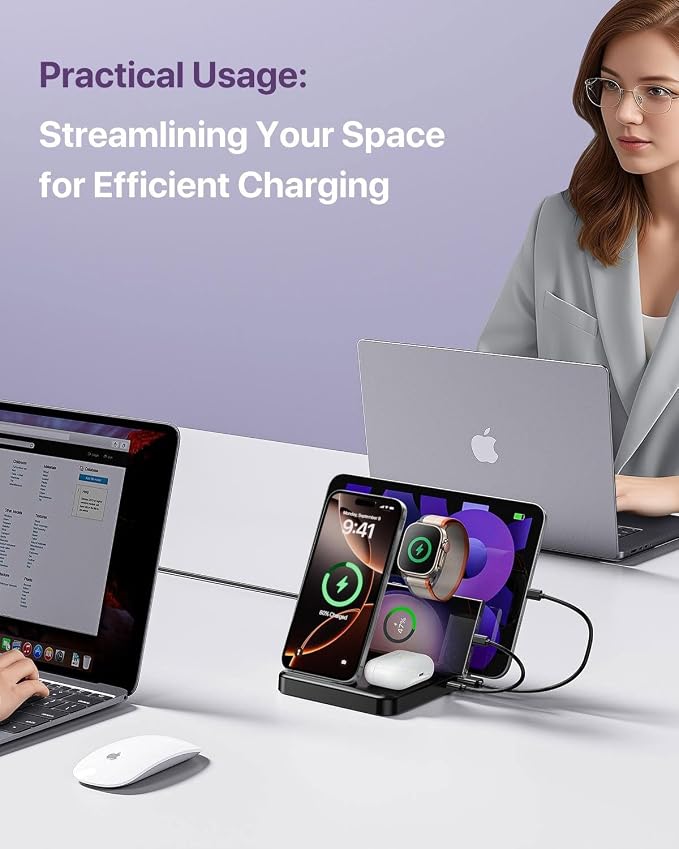 Multiple Devices Charging Station, 5-in-1 Charging Station for iPhone 17 Pro Max/Pro/Plus/16/15/14/13/12, iPad Pro/Air/Mini, Apple Watch and Airpods,Wireless Charging Dock(G805) (Lavender)
