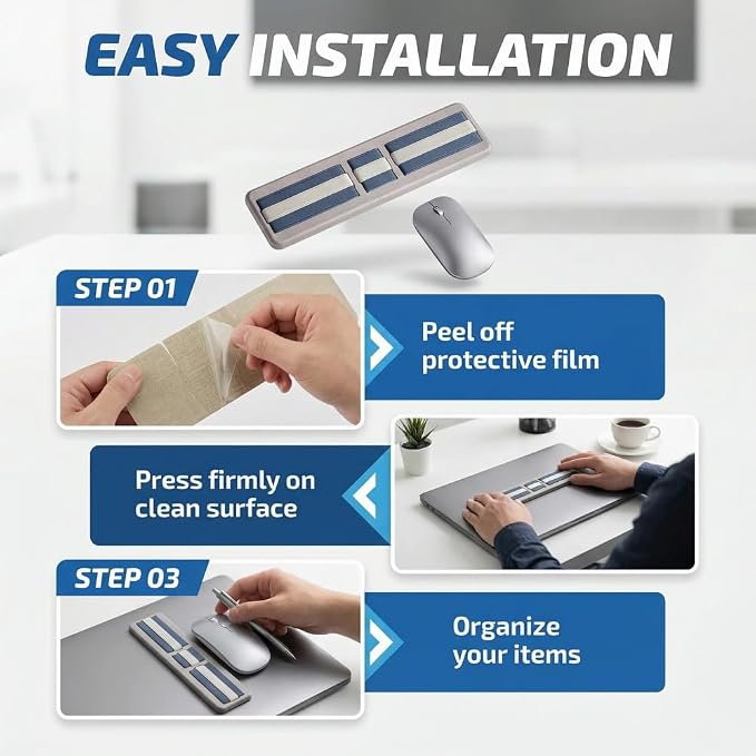 3-Pocket Adhesive Hard Drive Holder for Laptop, Mouse Holder for Laptop, SSD, USB Drive, Mouse, Cables (Blue)