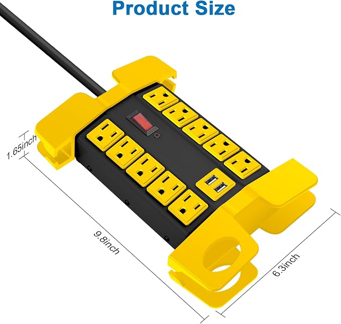 CCCEI Heavy Duty Power Strip with USB Ports, Garage 10 Outlets Surge Protector 2700 Joules, Industrial Workshop Metal 15Amp Multiple Outlets, 15 FT Extension Cord and Wide Spaced Black