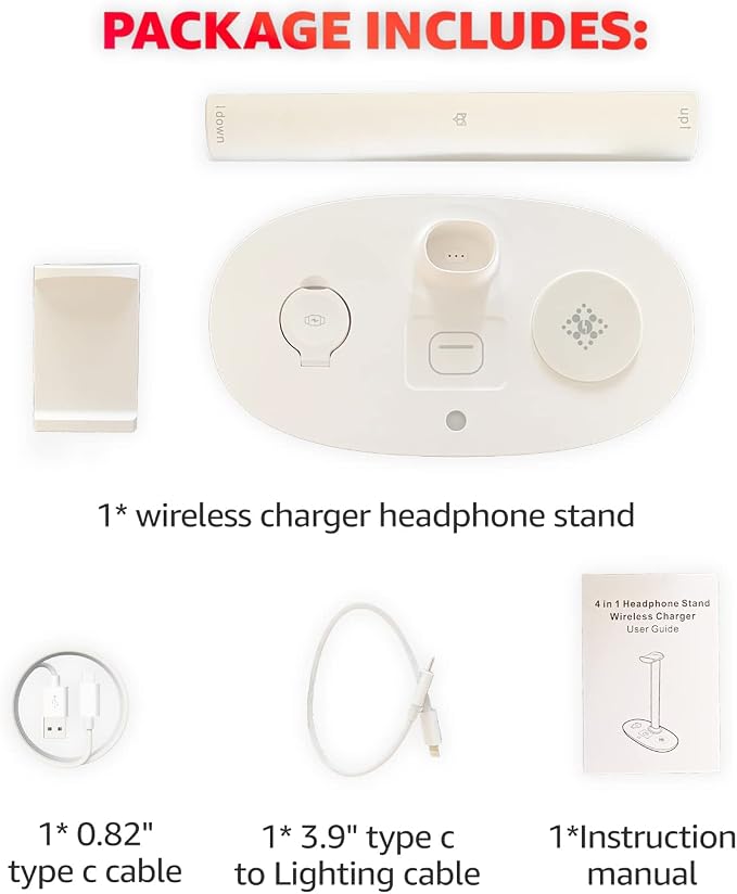 4 in 1 Wireless Charger with Headphone Stand for iPhone 17 16 15 14 13 12 Pro Max, Apple Watch 11 10 Ultra SE, AirPods Max 4 & Samsung S25-15W Gaming Desk Organizer (Adapter Not Included)(White)