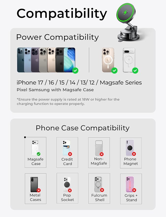 LISEN for 15W Magsafe Car Mount Charger, Magnetic Phone Holders for Your Car, Magnetic Wireless Car Charger, Suction Phone Mount for Car Accessories for iPhone 17 Pro Max 16 15 14 13 12, Pads & Mats