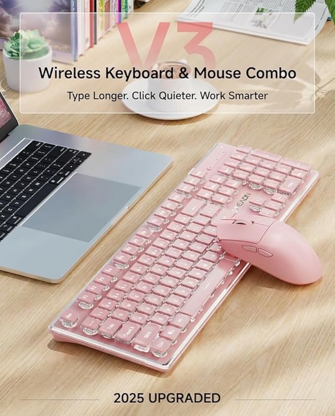 Wireless Keyboard and Mouse Combo with White Backlit Pudding Keycaps, Bluetooth & 2.4G, 2000mAh Rechargeable, Full Size, Metal Panel Quiet Computer Keyboard Set for Windows PC Desktop - Pink