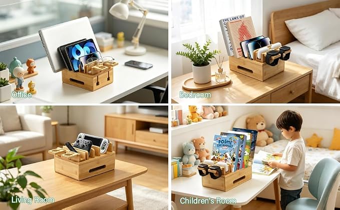 Bamboo Charging Station for Multiple Devices, Multi-Port USB Charger Organizer Stand for Phone, Earphone, Smart Watch, Desktop Cord Storage Holder for Home Office