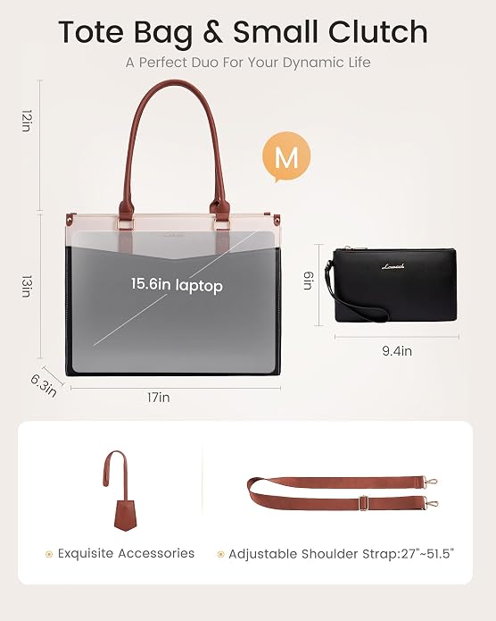 LOVEVOOK Laptop Bag for Women, 2-in-1 Tote Purse with Clutch & Cup Holder, Waterproof Briefcase for Work Travel