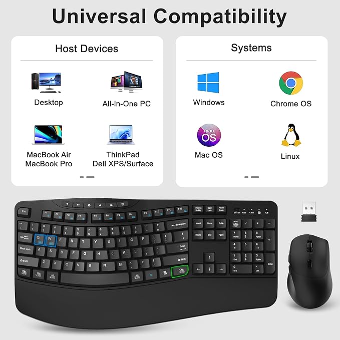 Wireless Keyboard and Mouse Combo, Ergonomic Keyboard with 6 Multimedia Keys, 2.4G Full Size Keyboard with Wrist Rest, 3-Level DPI Wireless Silent Mouse with 6-Buttons, for Windows (Dark Black)