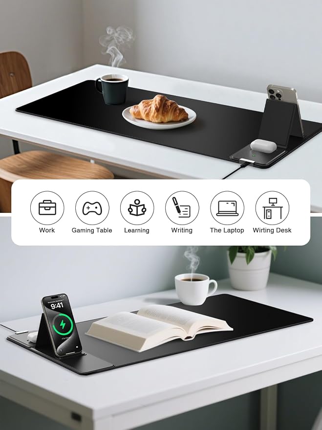 Mouse Pad with Foldable Phone Holder, Wireless Charging Desk Mat 31.5x15.75 Mousepad with Superior Micro-Weave Cloth Non-Slip Waterproof Desk Pad (Black)