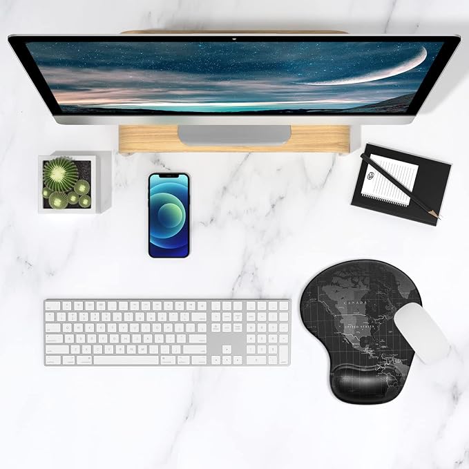 ITNRSIIET Ergonomic Mouse Pad with Gel Wrist Support Small Wrist Rest Smooth Surface Non-Slip PU Base Comfortable Office Supplies Pain Relief, 8.7 x 7.2 inches, Map