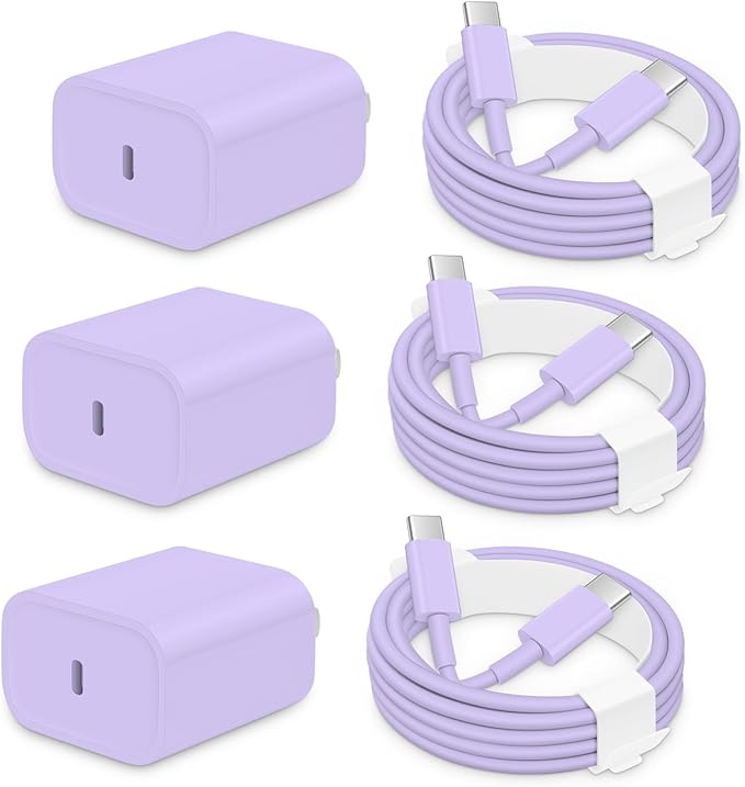 AISNI iPhone 17/16/15 Charger Fast Charging 3 Pack USBC Charger Block with 6 FT Type C Charger Fast Charging Cord Compatible with iPhone 17/17 Plus/17/16/15 Pro Max/16/16 Plus/15/iPad Pro-Purple