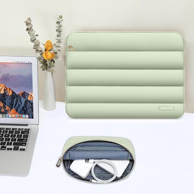 MOSISO Laptop Case 13.3 inch,13-13.3 inch Puffy Laptop Sleeve Compatible with MacBook Air 13.6 M5 M4 M3 M2 M1/Neo/Pro 13/14,HP Dell ASUS Lenovo,Polyester Horizontal Bag with Small Case, Sage Green