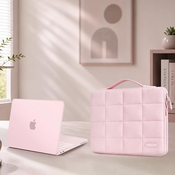 MOSISO Compatible with MacBook Neo Case 13 inch 2026 Release A3404, Seamlessly Closes Scratches & Fingerprints Resistant Hard Shell&Sixteen Grid Puffy Bag&Keyboard Skin&Type C&Screen Film, Blush