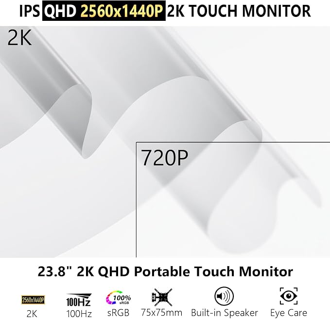 Prechen 23.8 Inch 2K 100Hz Large Portable Touchscreen Monitor 100% sRGB IPS Portable Touch Display QHD w/90° Adjustable Stand USB-C HDMI Laptop Monitor Desktop 2560X1440