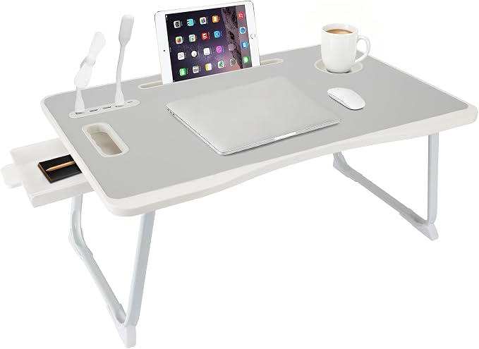 Laptop Bed Table, Laptop Desk for Bed, Foldable Laptop Bed Desk with USB Charge Port, Handle, Desktop Card Slot, Cup Slot, Side Drawer, Portable Laptop Table for Bed Eating Reading Working