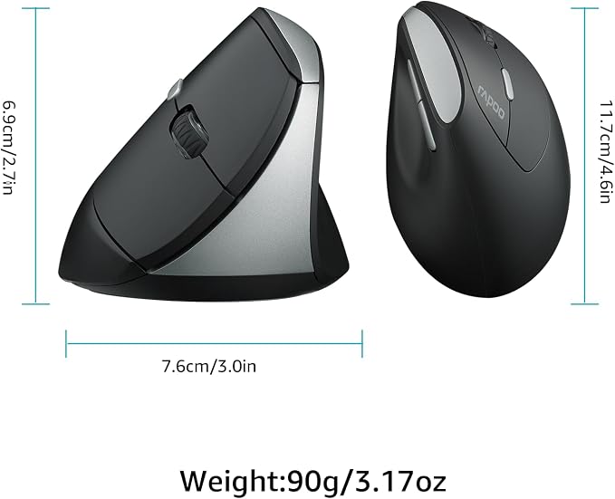 Rapoo EV250 Silent Vertical Ergonomic Mouse, 2.4G Wireless Optical Mouse, 800/1000/1200/1600 DPI, Quiet Clicks, 5 Buttons, Compatible with Windows/Mac OS/iPad OS, Laptop, PC - Black