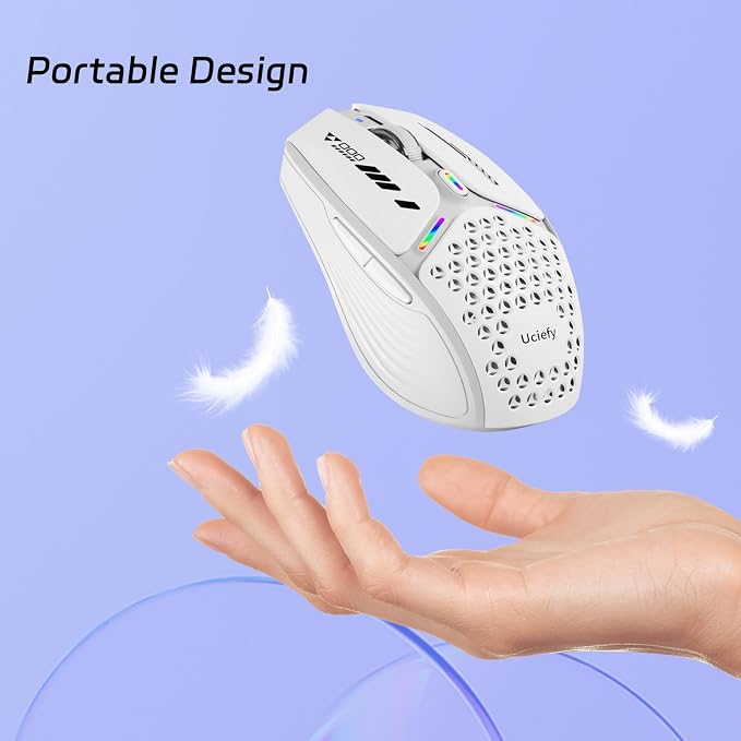 Uciefy Bluetooth Wireless Mouse, (BT5.0/5.1+2.4GHz) USB C Rechargeable LED Mouse Battery Level Visible, Honeycomb Magnetic Shell Cover with USB Receiver & Type-C Adapter for Laptop/PC/Mac/iPad-White