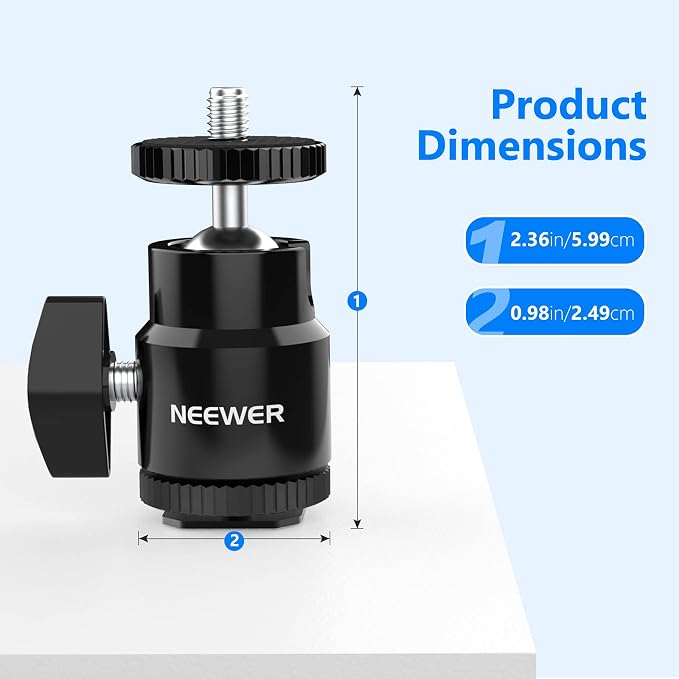 Neewer Mini Ball Head with Cold Shoe & 1/4” Screw, 2 Pack, 360° Swivel 90° Tilt Ballhead Camera Mount Hot Shoe Adapter for Camera, Camcorder, Smartphone, LED Video Light, Microphone, Ring Light, ST17
