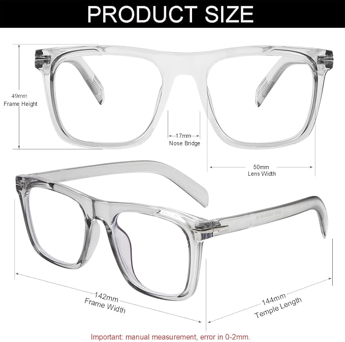 Trendy Square Blue Light Blocking Glasses for Men Women, Fashion Frame Non-prescription Computer Glasses (Transparent Grey)