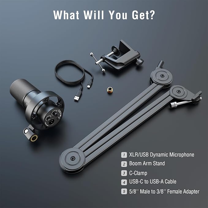 FIFINE Dynamic Podcast Microphone Set with Boom Arm Stand, Studio XLR/USB Microphone for Recording Vocal Streaming, Metal Mic with Mute Tap, Headphone Jack, Heavy Duty Boom Arm-K688T