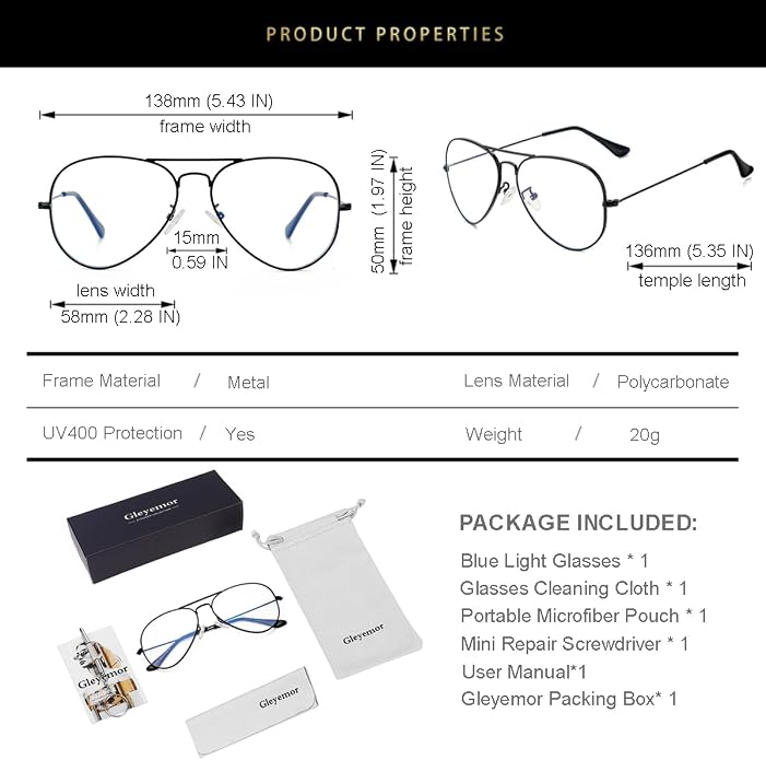 Gleyemor Blue Light Aviator Glasses for Women Men, Metal Frame Anti Blue Light Lens Computer Glasses