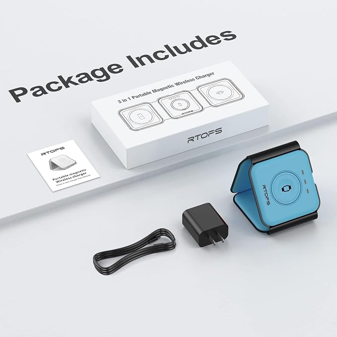 Wireless Charger 3 in 1,RTOPS Travel Charging Station Wireless Devices, Compatible for iPhone17/16/15/14/13/Pro/Max, iWatch, AirPods4/3/2/Pro (Adapter Includes), 3 in 1 Charging Station