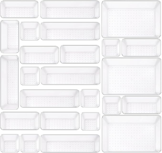 Clear Acrylic Drawer Organizers Set Storage for Makeup, Office Desk Small Vanity Trays for Drawer Bathroom Plastic Make up Organizers 25 Pcs
