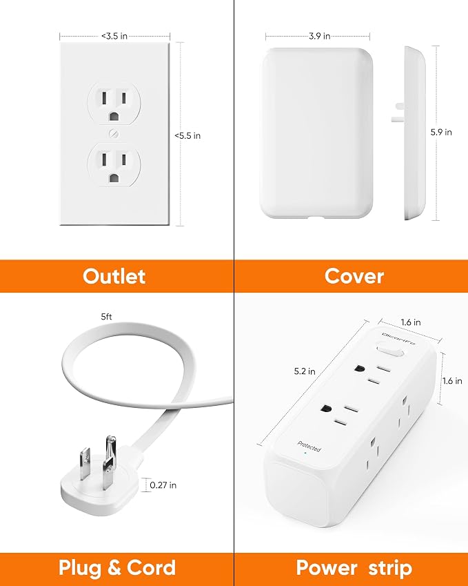 Olcorife Flat Outlet Extender with Cover, Flat Plug Power Strip with 6 AC Outlets, 2000 Joules Surge Protector, 5FT Flat Extension Cord, Home Office Travel Dorm Room Essentials
